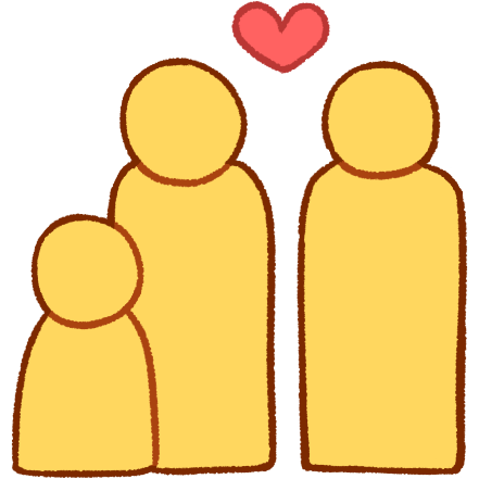 A drawing of three generic emoji yellow people, with two tall ones and one short one. The short person is standing very close to one of the tall ones and is on the left side, and there is a small space between the two tall people with a heart above them.